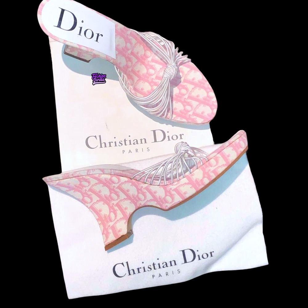 DIOR Girly Pink Monogram Logo Denim Trotter Platform Wedge Sandal Mule - Picture 12 of 15